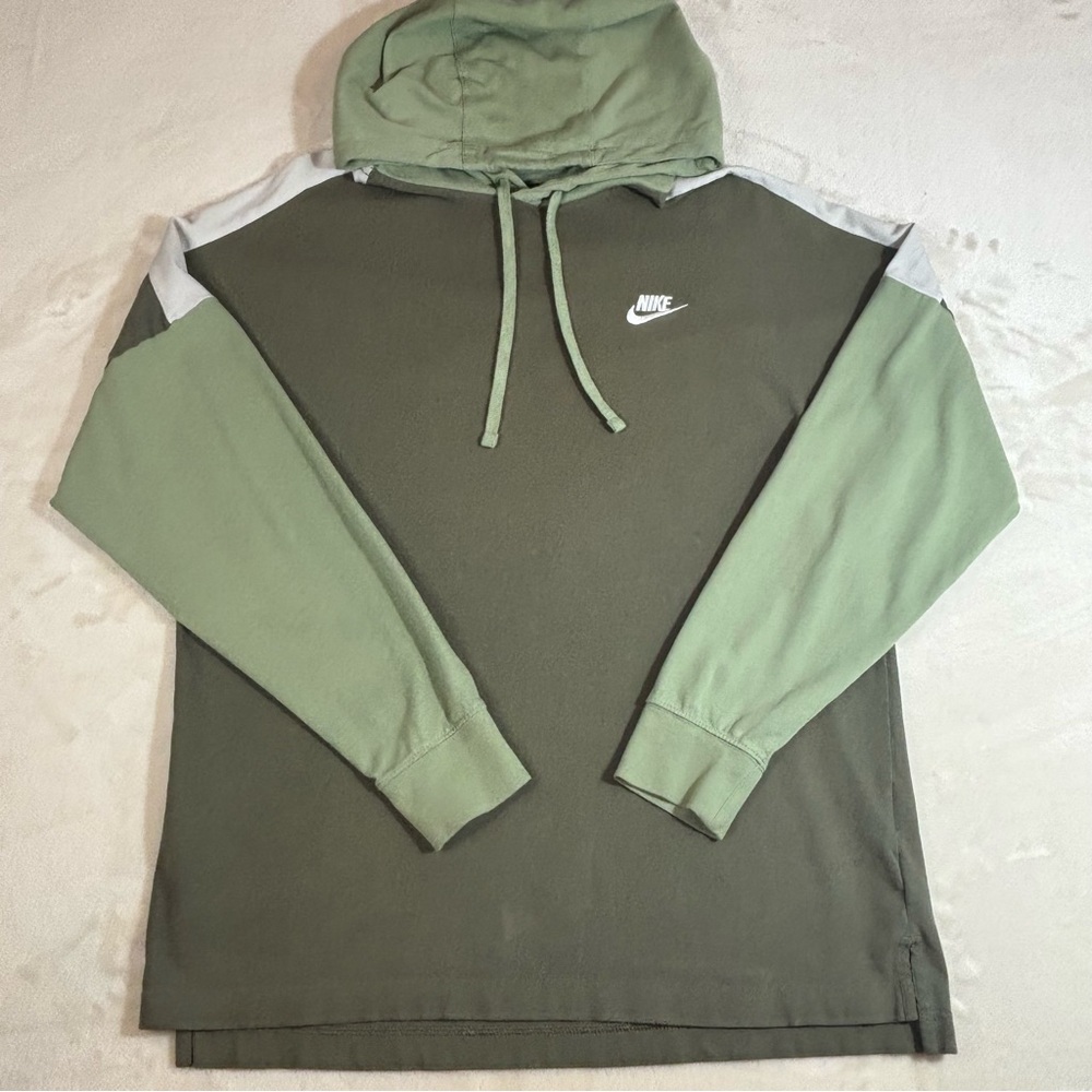 Nike Men’s Hunter Green Color-block 100% Cotton Long Sleeve Hooded Sweatshirt